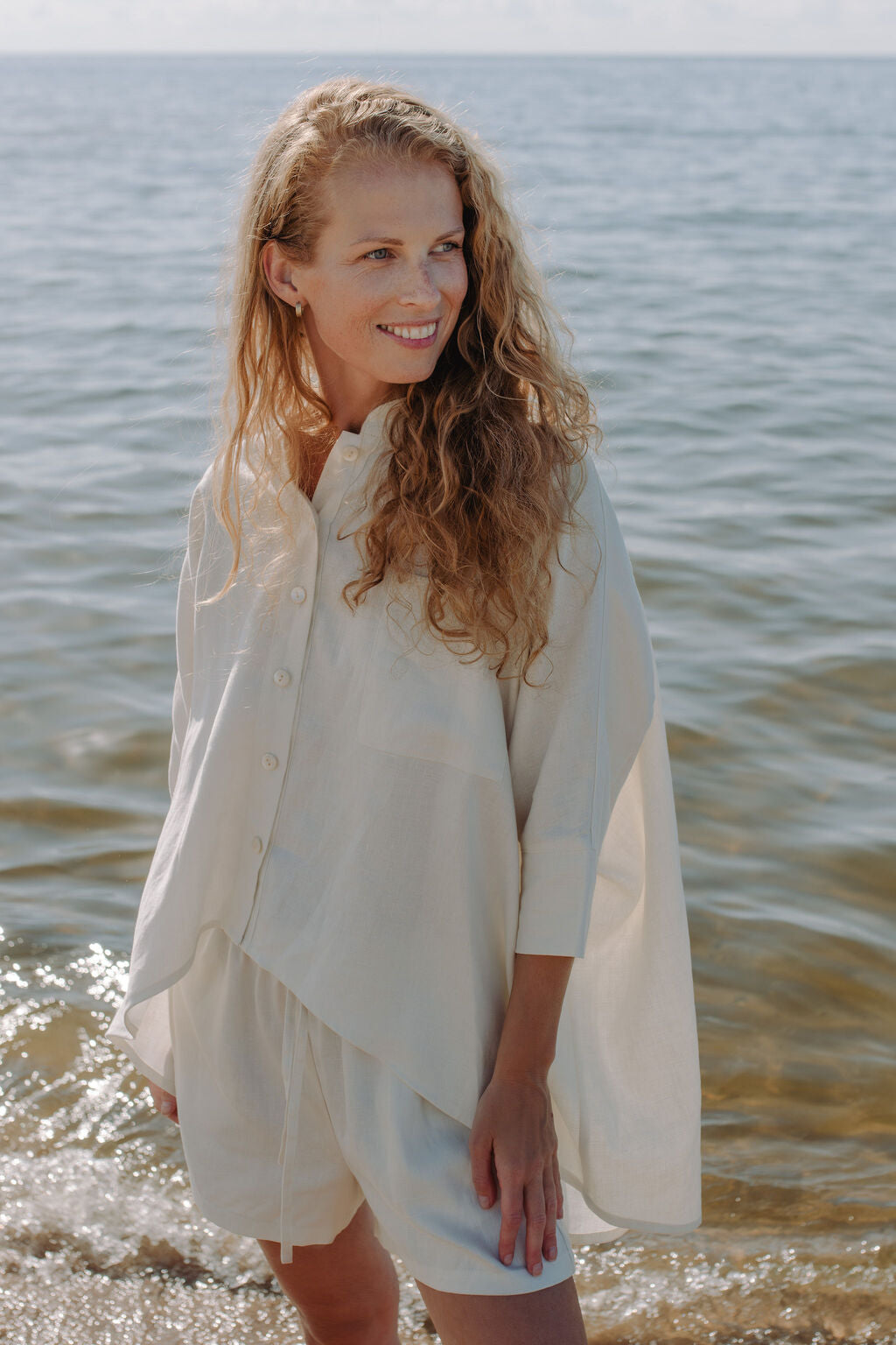 The women linen shorts are designed for comfort, easy to style, match it for women linen set in off white colour. High quality deadstock fashion for women.