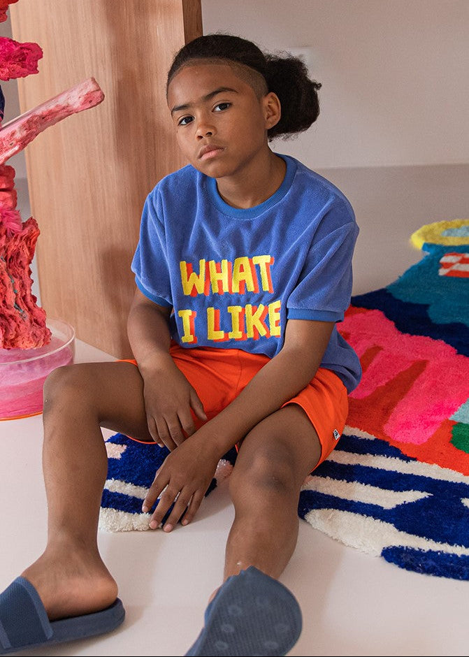 CarlijnQ boys terry T-shirt in blue — organic cotton short-sleeve tee with What I Like print