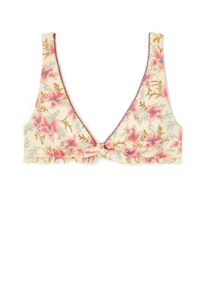 Eco-friendly women bikini top with raspberry flower print is lightweight with V-neck and a decorative bow that gives you a flattering, feminine look, and has breast support. It is made with recycled materials Louise Misha. Shop sustainable and eco-friendly women's swimwear online in Hong Kong and Singapore.
