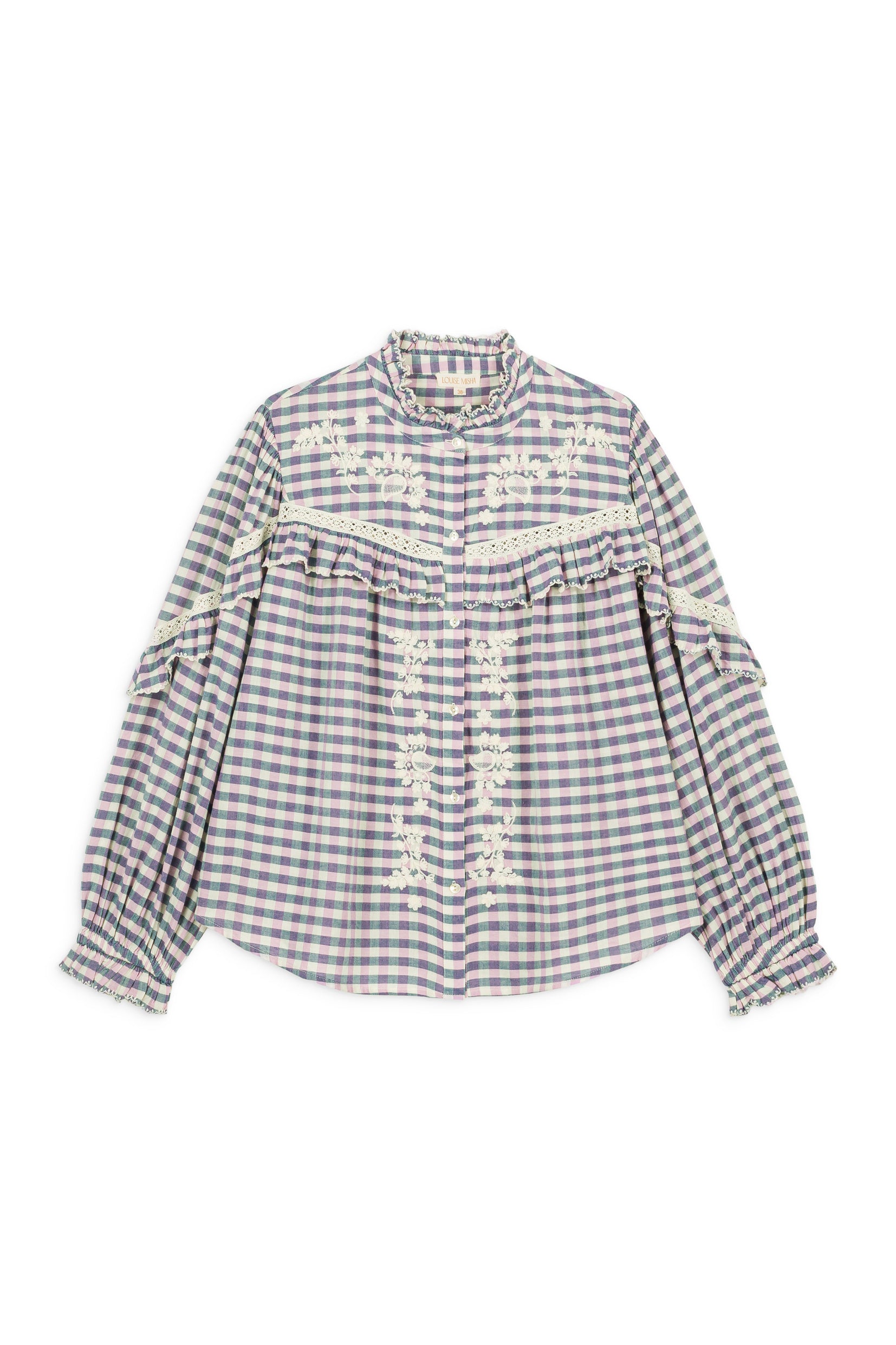 Woman wearing Louise Misha Noelianne blouse – blue purple checks, breathable organic cotton, HK & SG