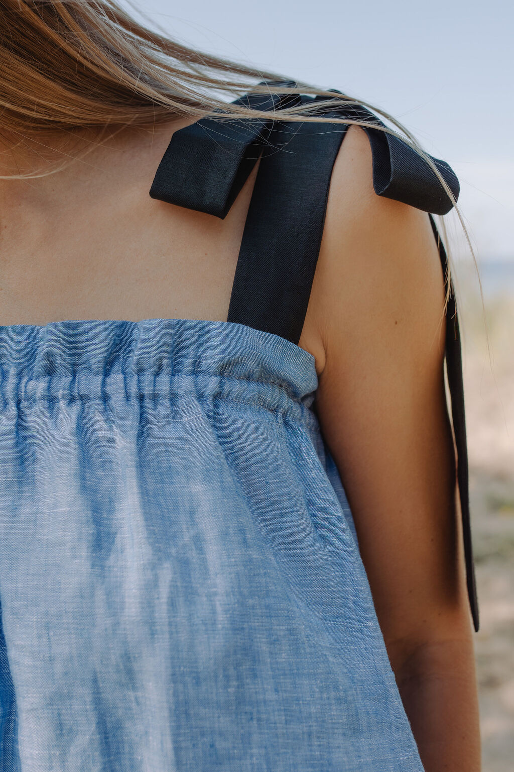 Shop women maxi dress made with breathable sky blue linen, this women mazi dress is easy to wear, from casual to dressy and goes with everything. Mommy and son macthing avialble. This dress is made form deadstock fabrics by local artisians in Hong Kong.