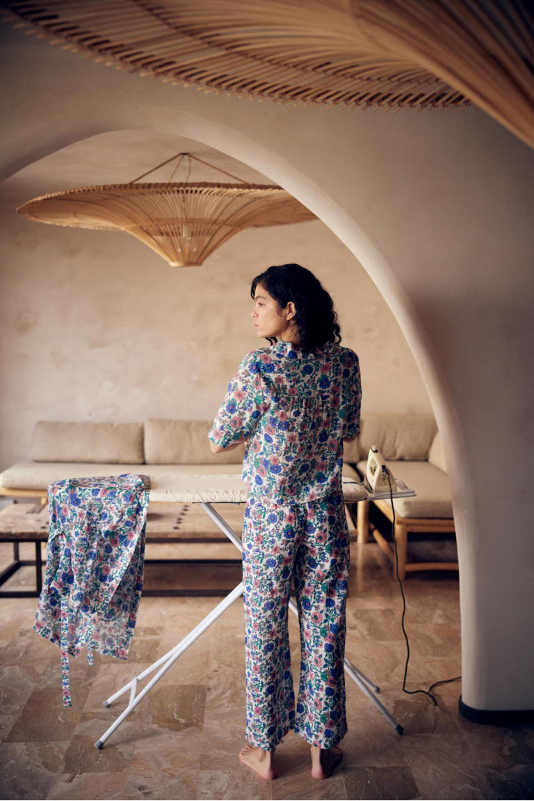 Organic cotton women pyjamas or loungewear in Blue Meadow print are the best summer pyjamas.These organic cotton women pyjamas set are made by Louise Misha.