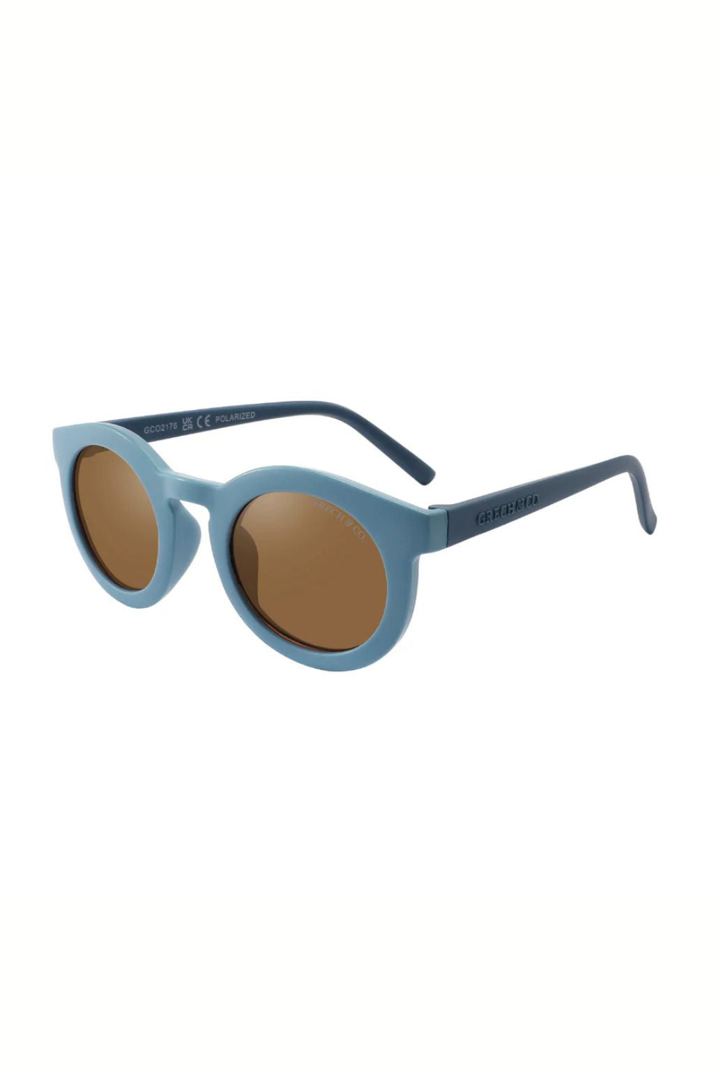 Sustainable sunglasses in blue are made with eco-friendly/non-toxic break-resistant material with polarised lenses & UV400. Family matching sunglasses available