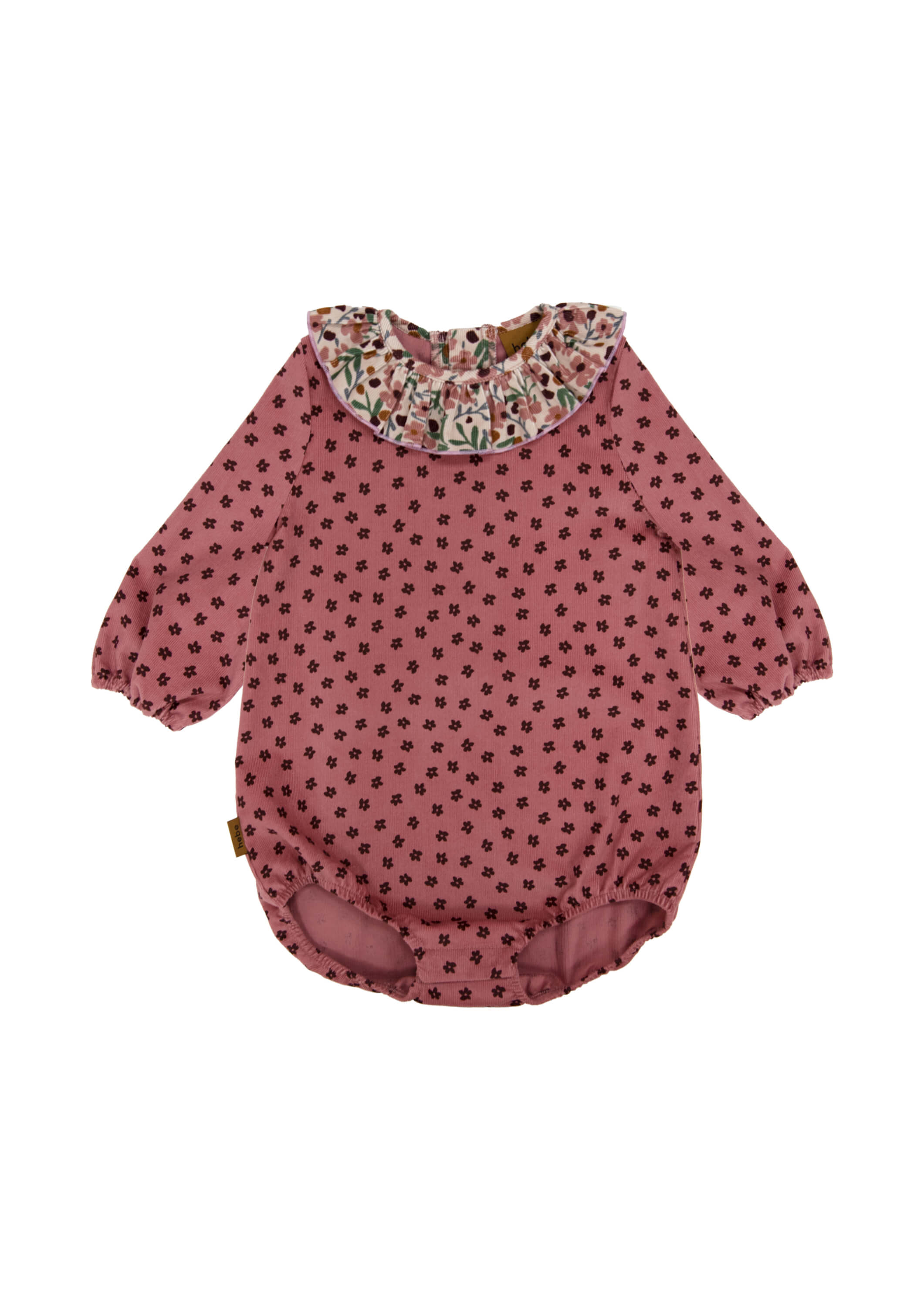 Pink velvet baby romper with a beautiful flower print - the best sustainable baby clothing. The baby girl romper with flowers is made of lightweight velvet.