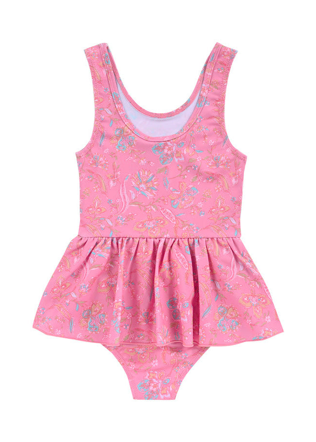 Girls swimsuit with waist ruffle detail – eco-friendly pink kids swimwear by Louise Misha