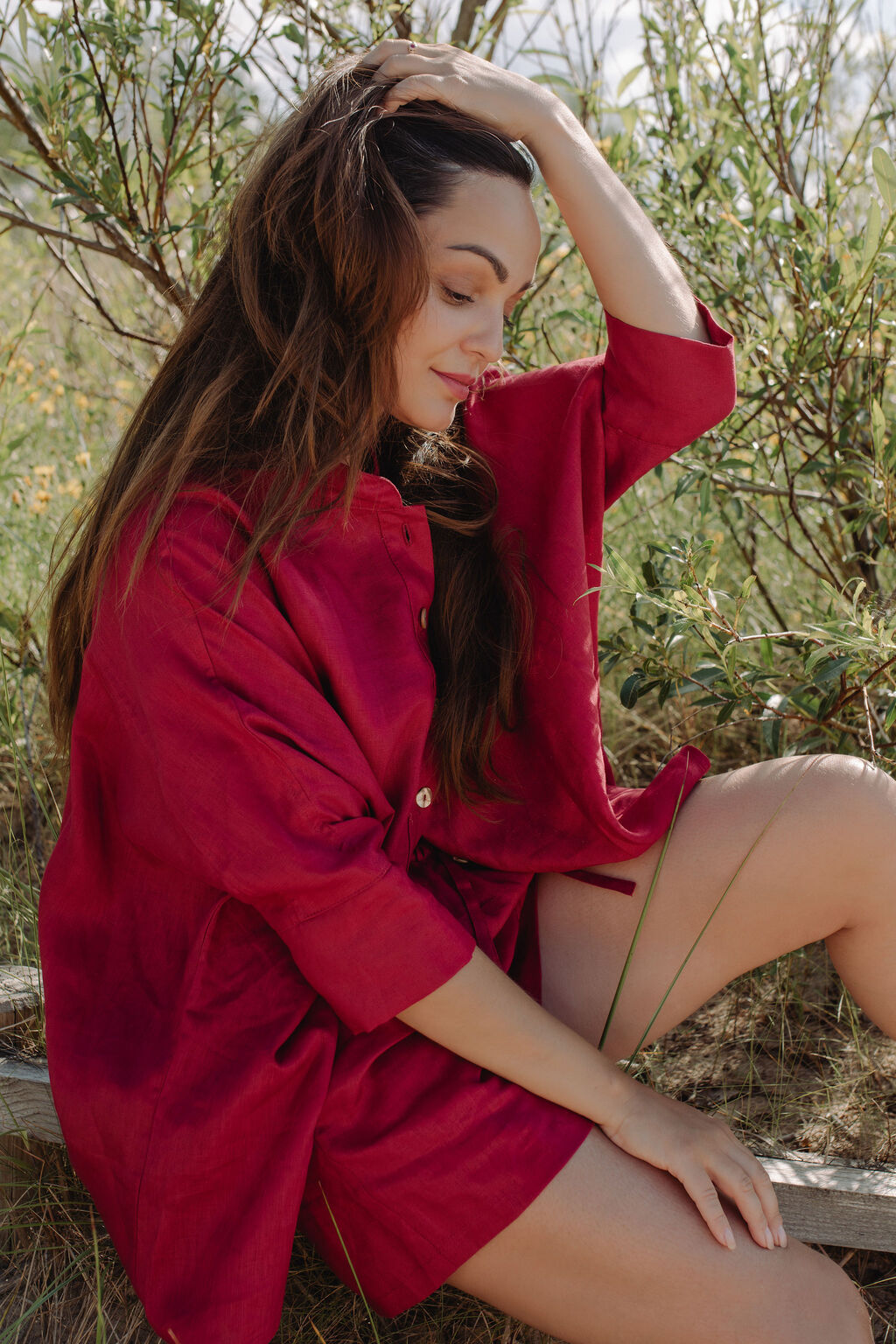 Shop women oversized linen shirt in Garnet red colour, this breathable linen shirt with linen shirts make the best women linen set in red colour.