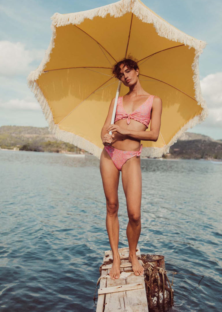 Women's pink floral bikini top — Louise Misha Ohau Pink Mallow Romance, 87% recycled polyamide swimwear