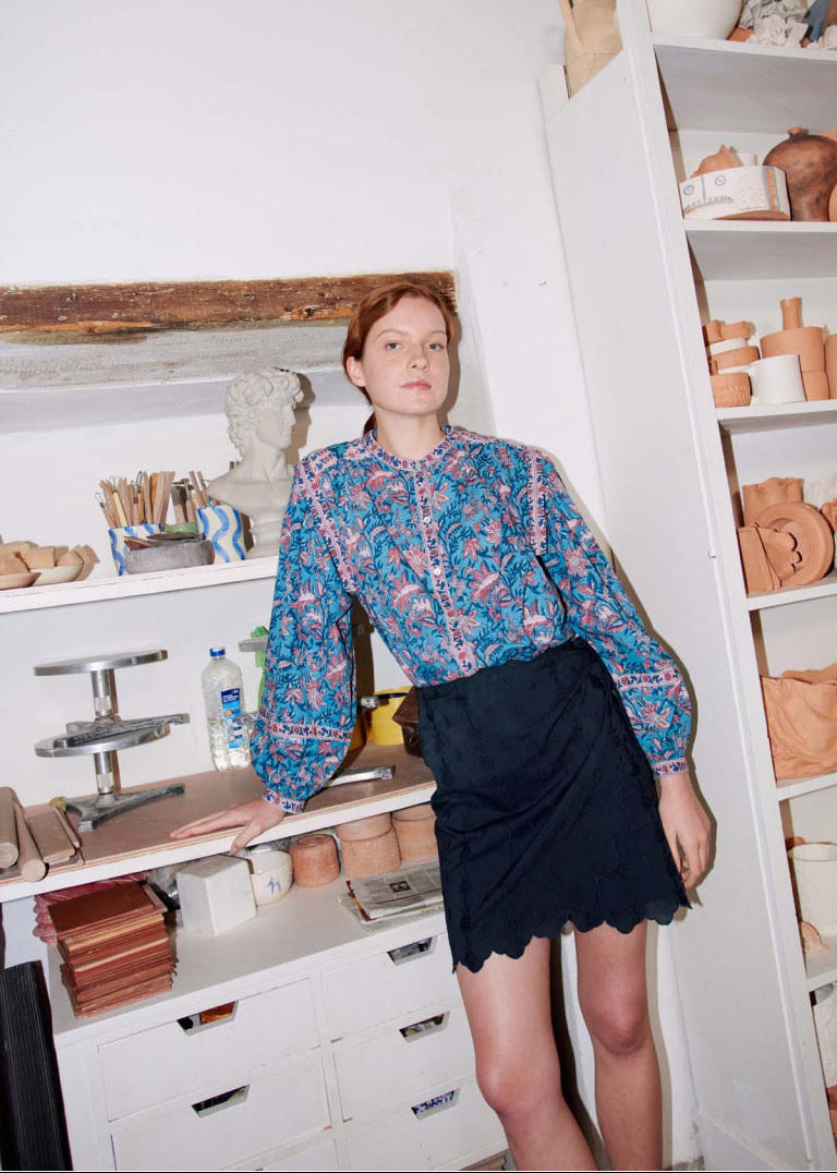 Black embroidered cotton mini skirt Charlie by Louise Misha — back view