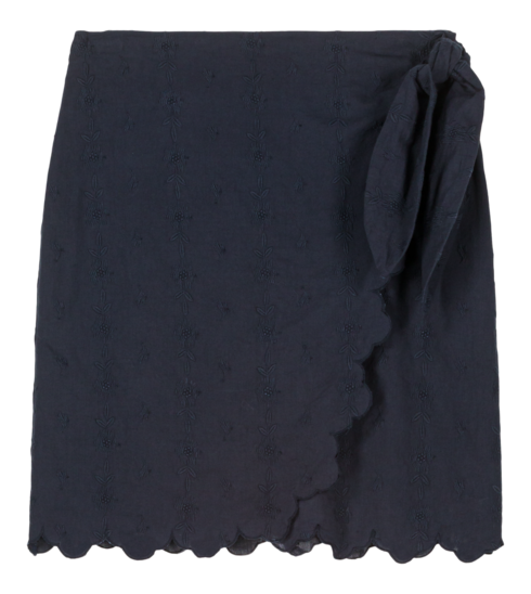 Shop the little black mini skirt Charlie with embroidery fabric and scalloped edges. The black mini skirt are made with breathable cotton by Louise Misha.