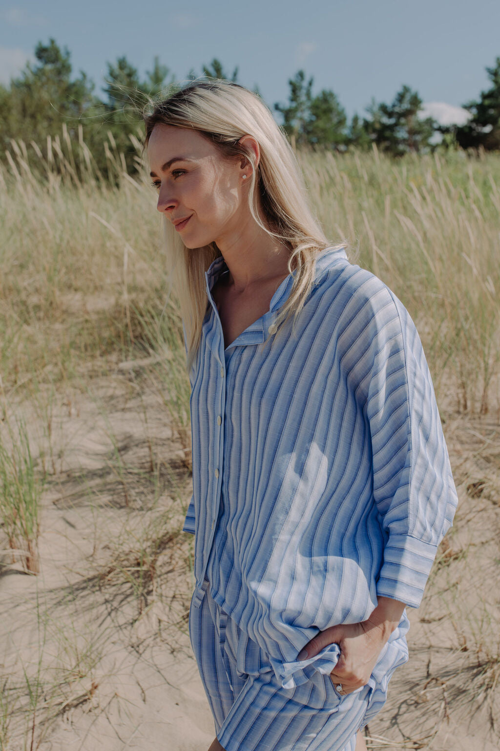 An oversized blue and white striped shirt is an essential wardrobe for every stylish woman. Shop high quality linen set for women online, sustainable women fashion from deadstock fabric. Matching Mommy and son set available.