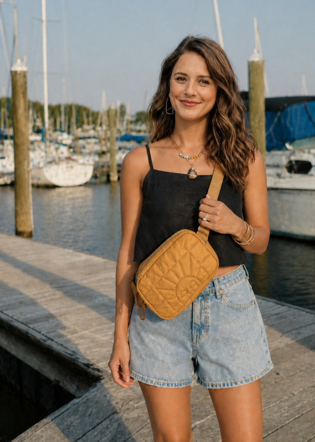 Wheat crossbody bag worn as waist bag – sustainable recycled bottle fabric by Grech & Co