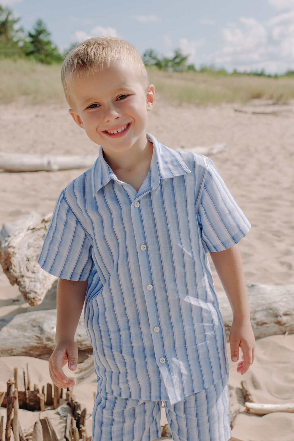 Breathable linen shirt for boys blue and with white stripes, pair it with boys linen shorts for boys linen set. Mommy and sont matching is available.