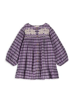 Checkered girls dress by Louise Misha — purple organic cotton with padded breastplate and shoulder ruffles