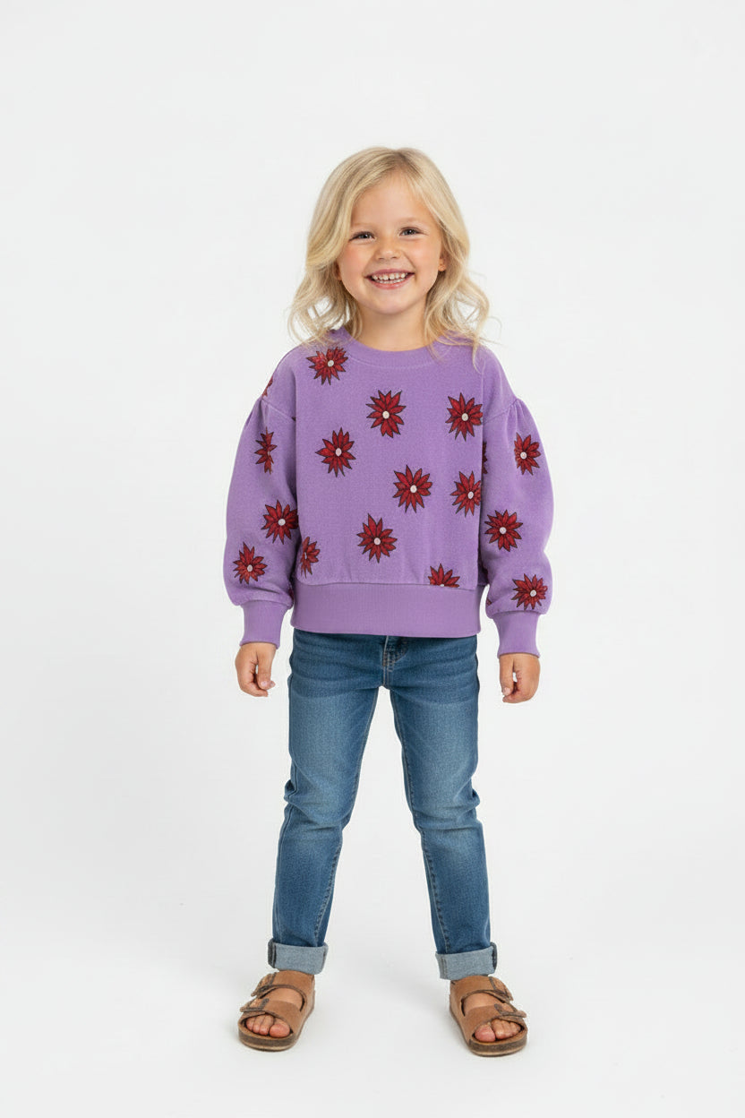 Close-up of Velvet Dahlia floral print on GOTS organic cotton girls jumper by CarlijnQ — kids sweater | MiliMilu