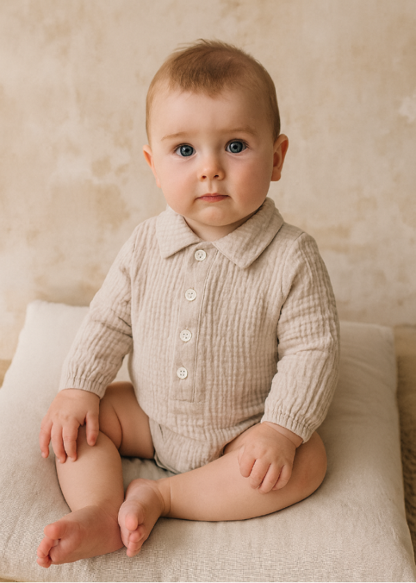 Baby boy wearing light grey organic muslin romper by Hebe — breathable and gentle on sensitive skin
