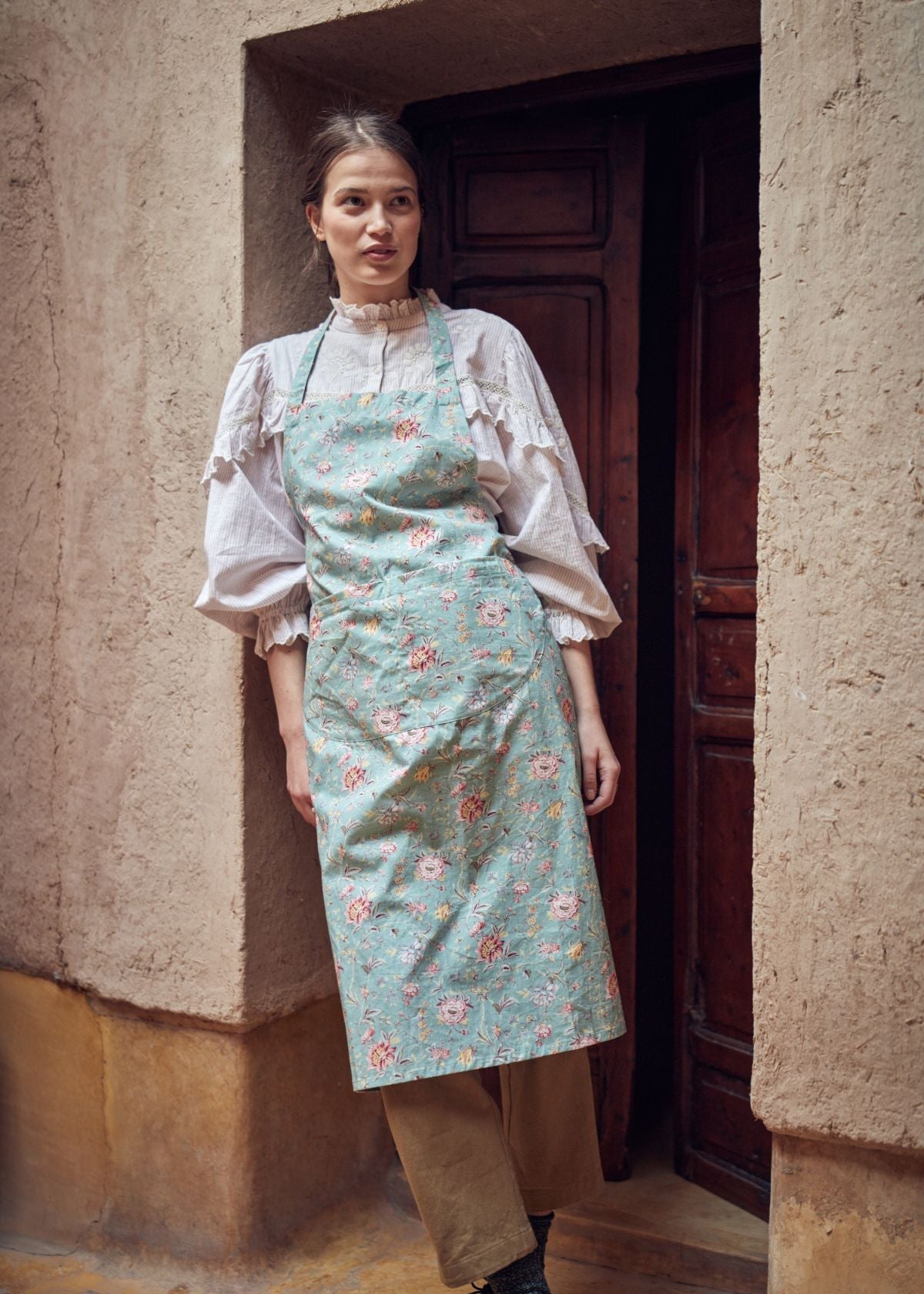 Organic cotton women's apron with flower print by Louise Misha — adjustable waist & front pocket | MiliMilu HK SG AU