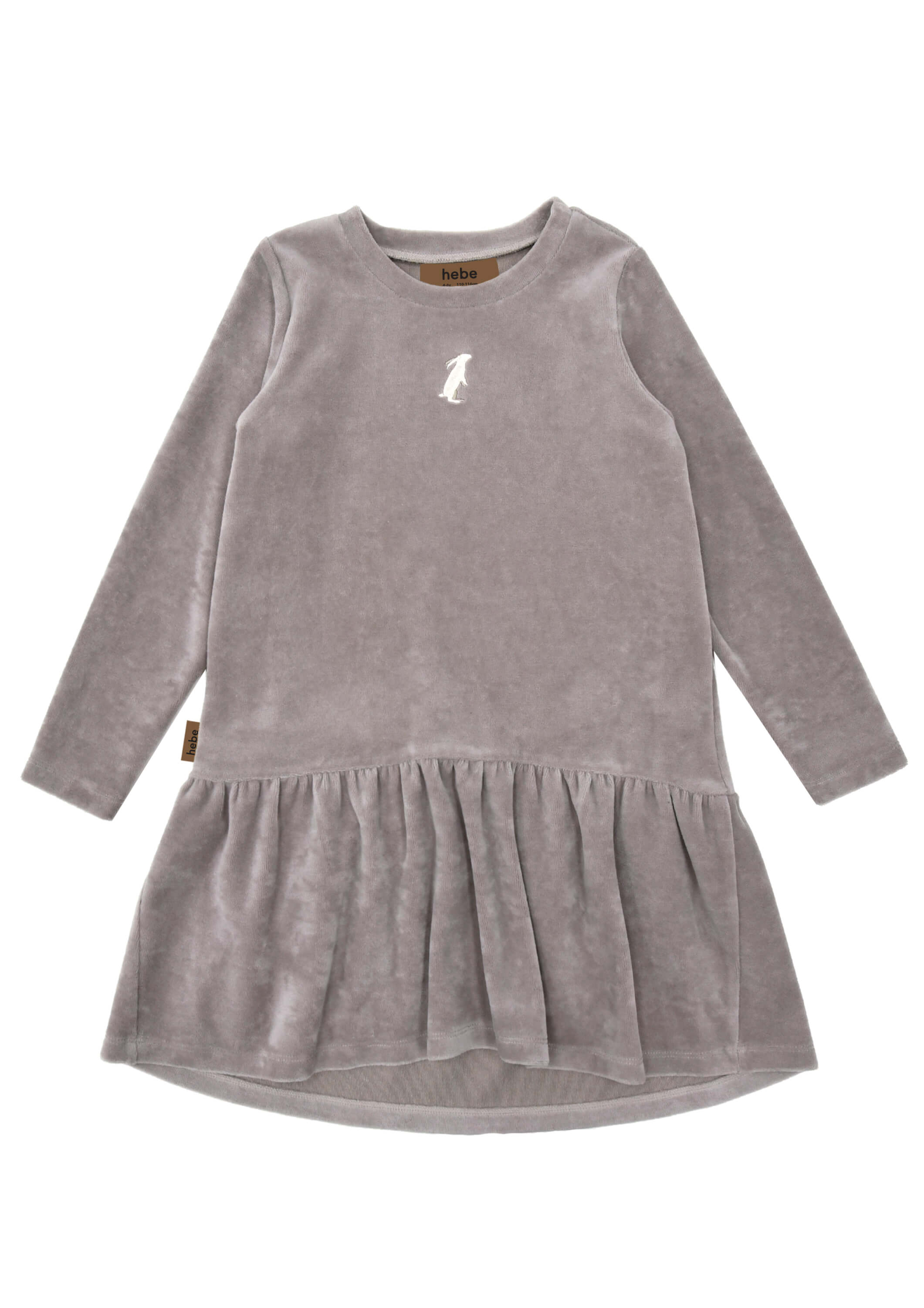Girl wearing soft grey velvet dress with subtle shimmer — ethically made in Latvia by Hebe, ages 1–8 years