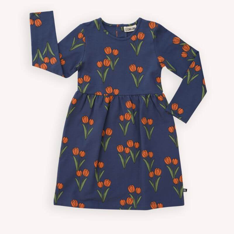 Organic cotton girls and teen dress with tulip print for colder weather - warm dress to keep you trendy during the winter. Girls winter dress and festive dress.