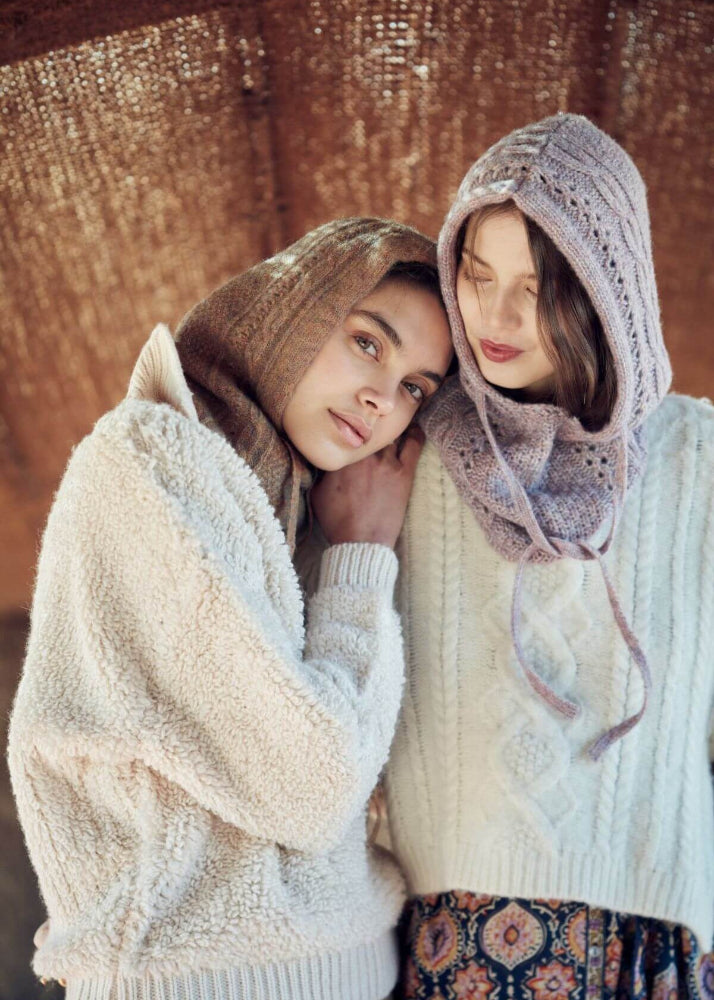 Mauve merino wool hood styled as neck warmer - eco-friendly winter accessory