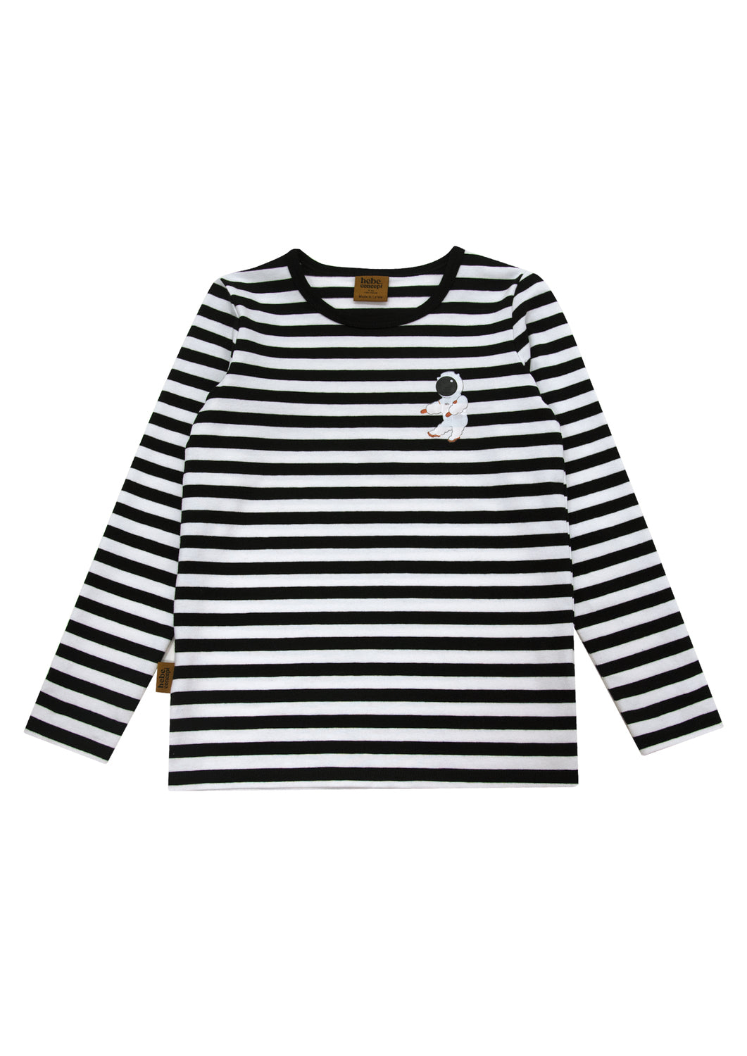 Kids long sleeve top with black & white stripes with astronaut print, sustainable kids clothing line is trendy. Shop the best kids clothing online at MiliMilu.