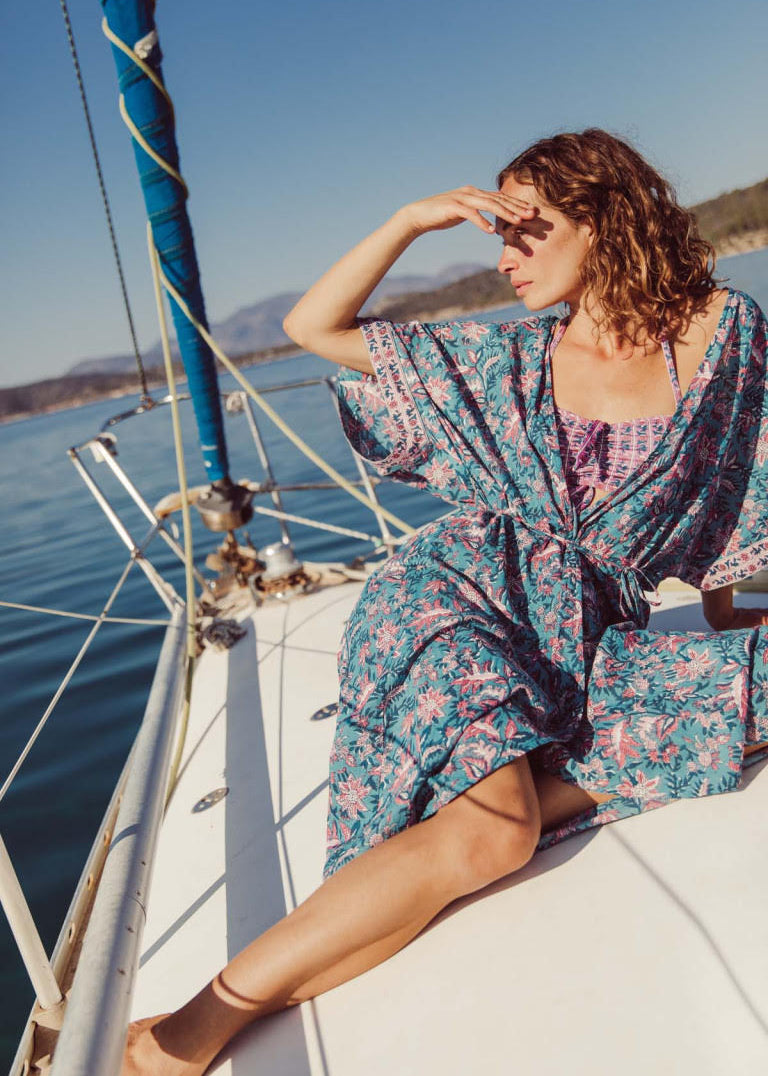 Louise Misha Teal Kimono Beach Cover-Up - Sustainable Women's Beachwear HK SG AU