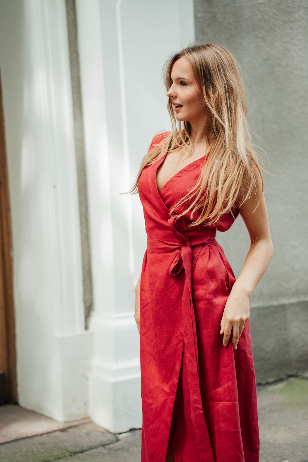 The best red linen wrap dress is made from high-quality deadstock linen fabric. 