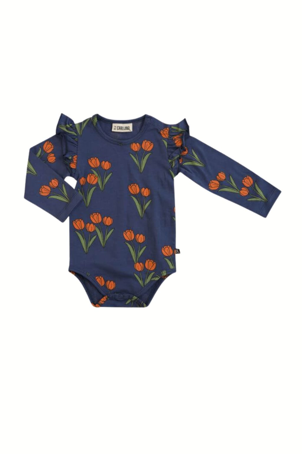 Organic cotton baby girl body with long sleeves ruffles with tulip print form organic cotton baby clothing collection. Best baby gifts and baby Christmas gifts.