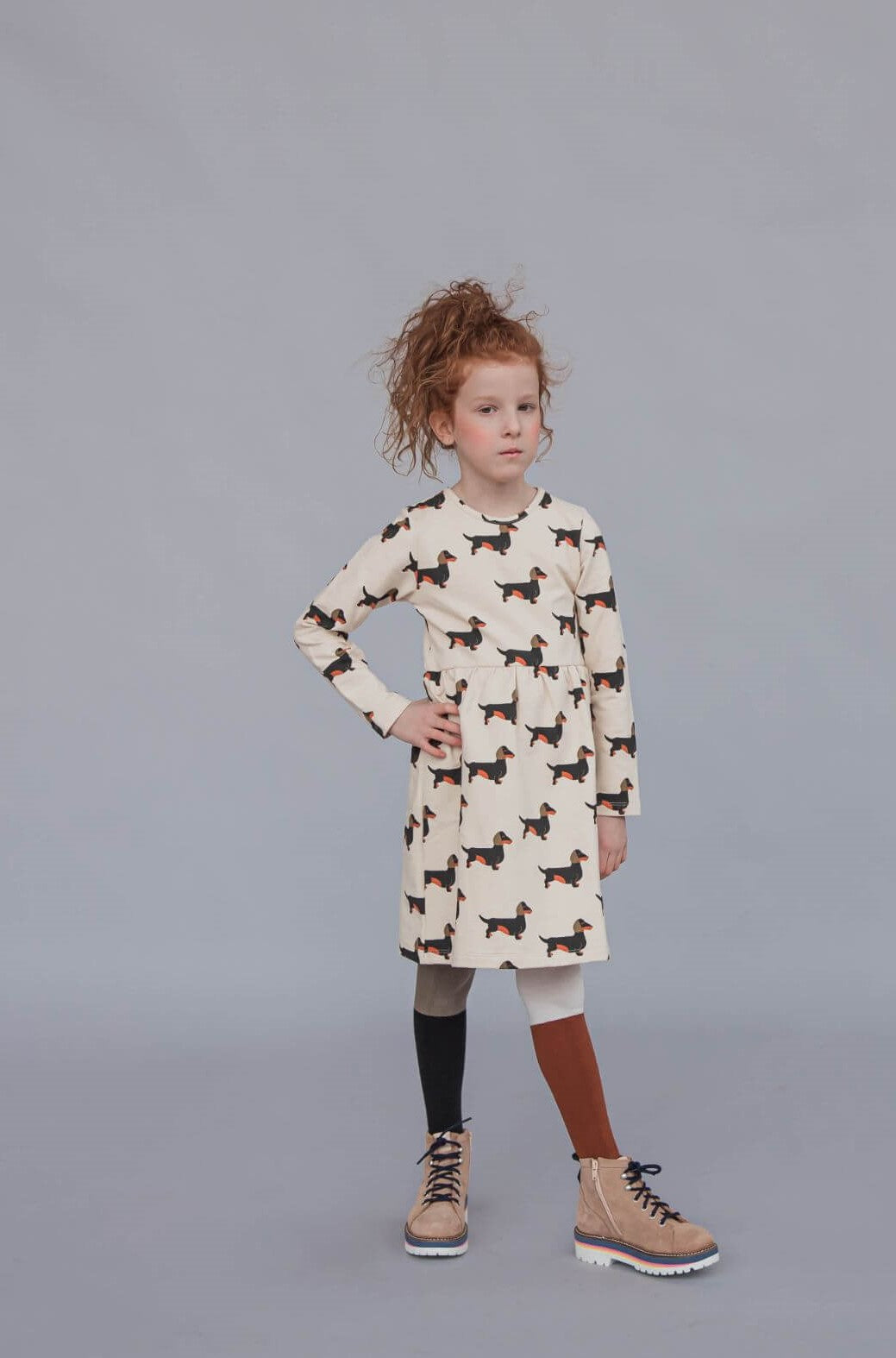 Organic cotton girl's dress with long sleeves & the coolest dachshund print at MiliMilu Lifestyle, shop the best sustainable and organic cotton kids clothing.