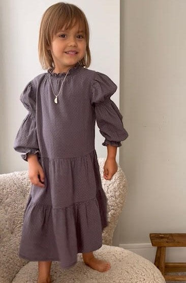 Breathable organic cotton girl dress is flowy and lightweight, made with organic cotton fabric in plum colour. Mini Me fashion and mommy-and-daughter matching. 
