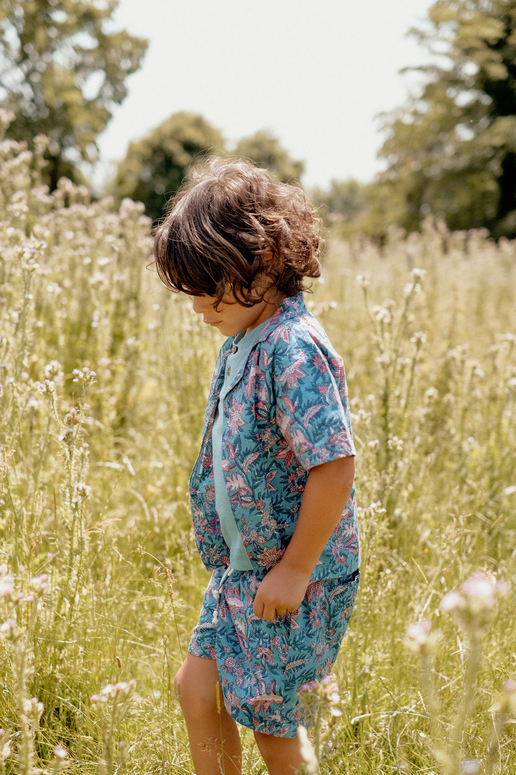 Organic cotton short-sleeved boys shirt in Eden print, is the best summer shirt by Louise Misha. Mini Me for Mommy and son matching is available.