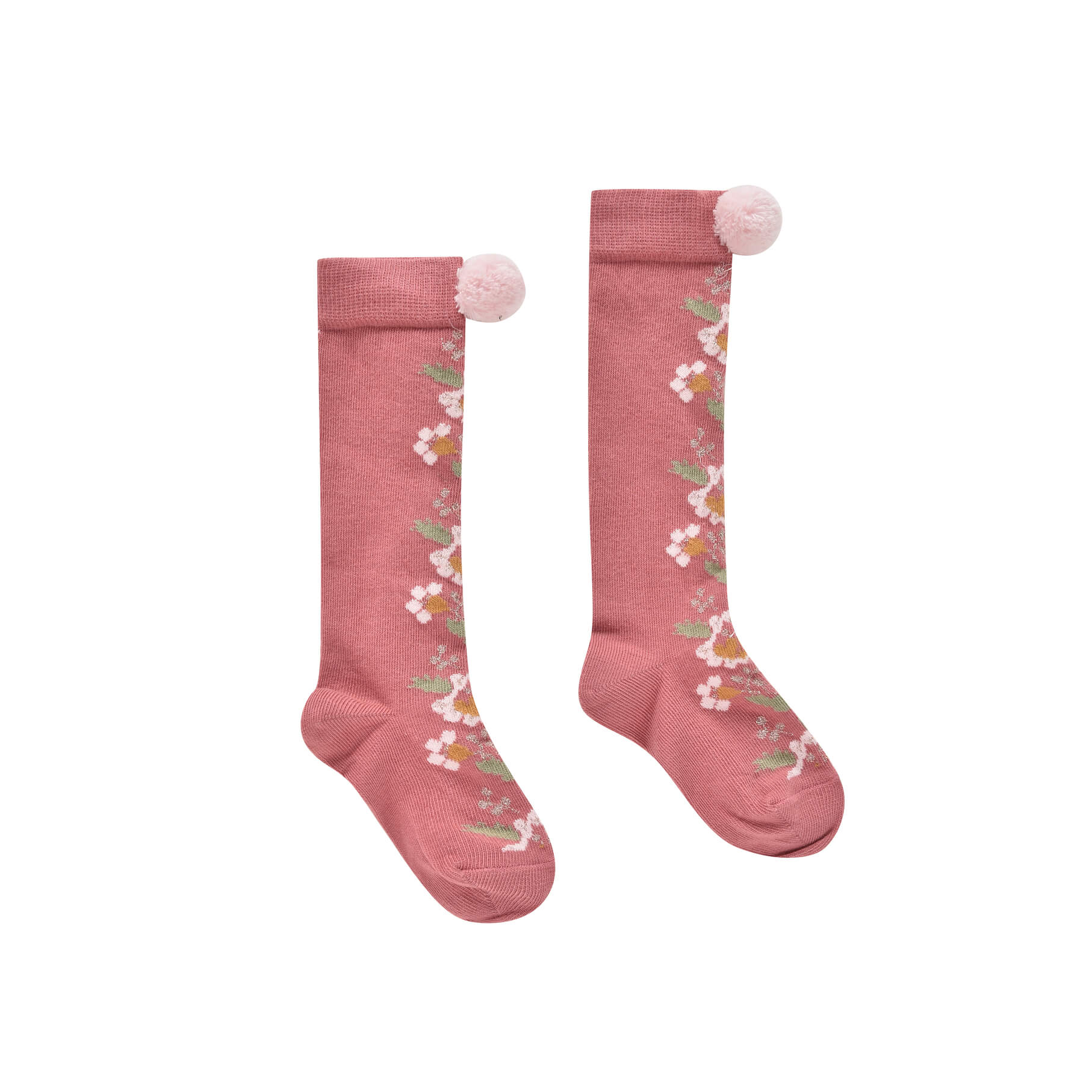 For every outfit, it's essential to have cute socks, and the Sienna socks in For every outfit, it's essential to have cute socks, and the Sienna socks in pink with floral patterns and handmade pompoms by Louise Misha.