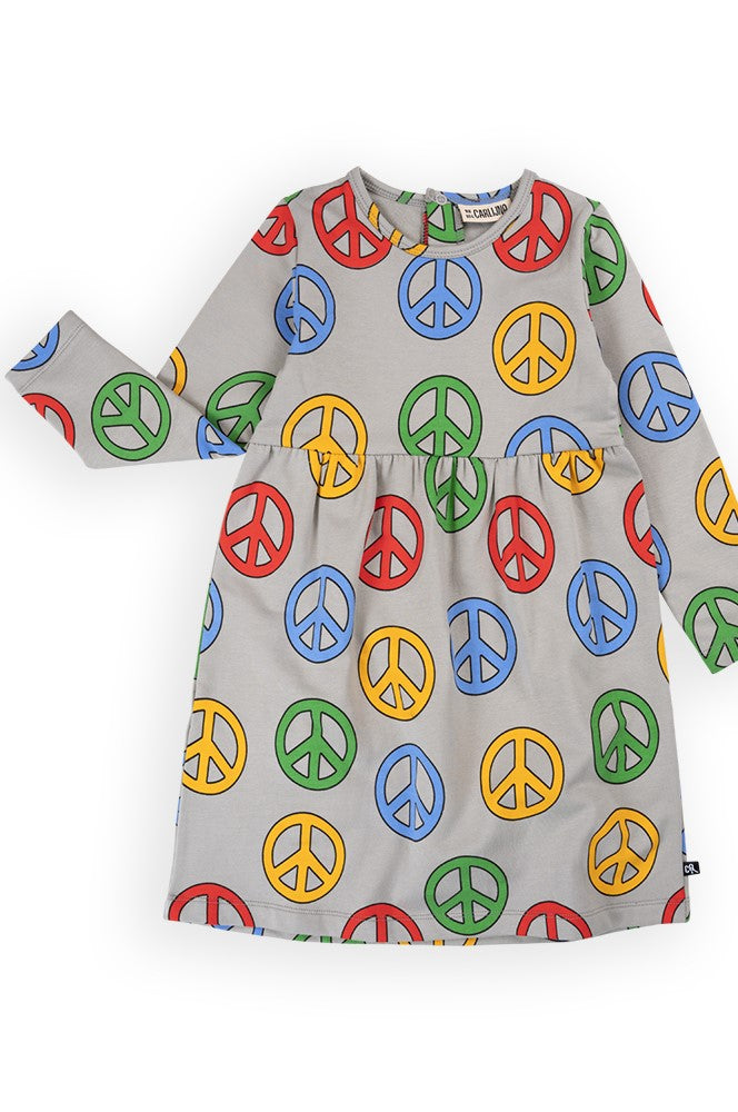 Organic cotton girl dress with trendy Peace print all over, this girl skater dress is trendy and comfy, bets girls dress. Shop organic cotton kids clothing.