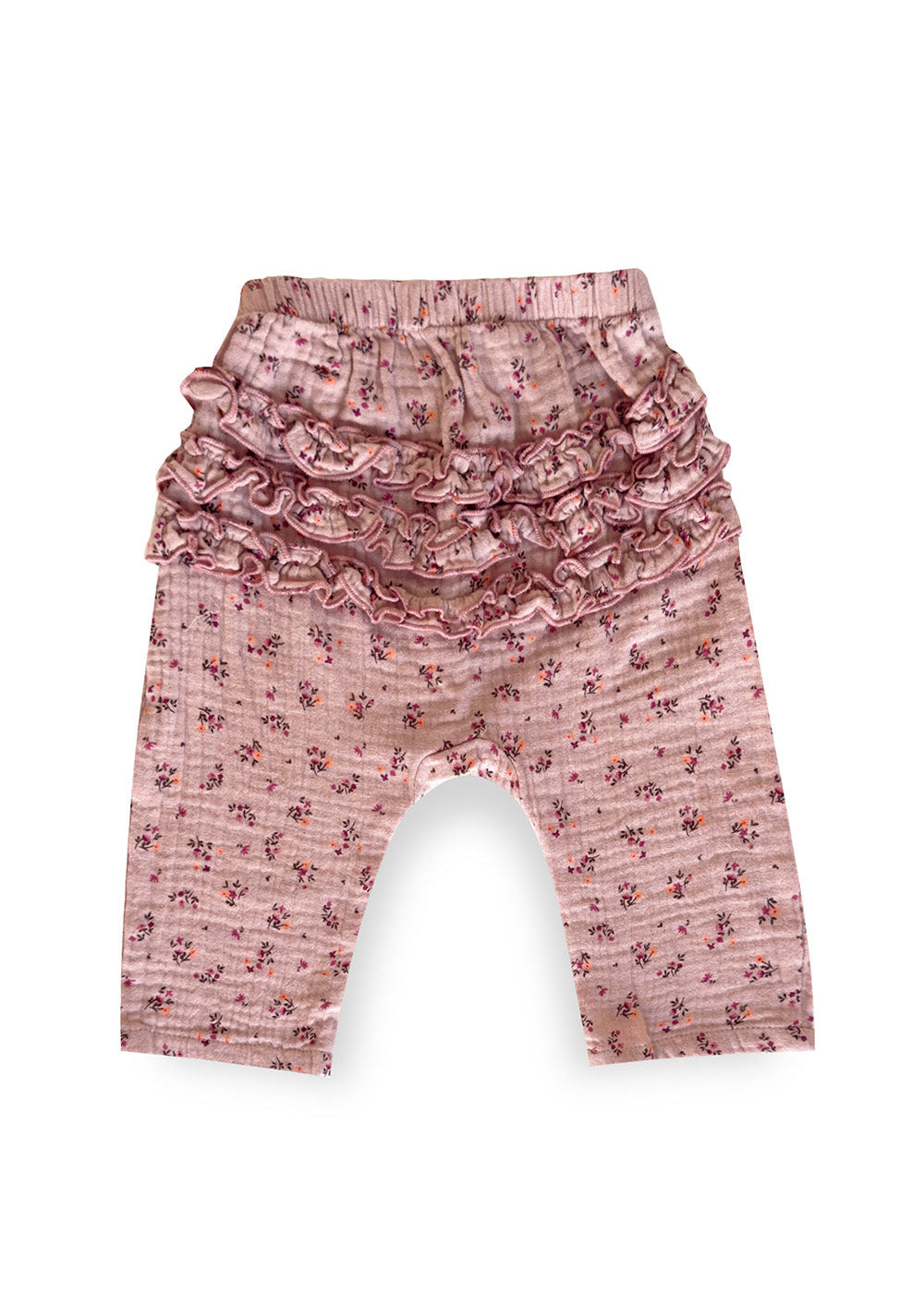 Pink floral muslin baby pants with ruffles - organic baby girl leggings Hong Kong