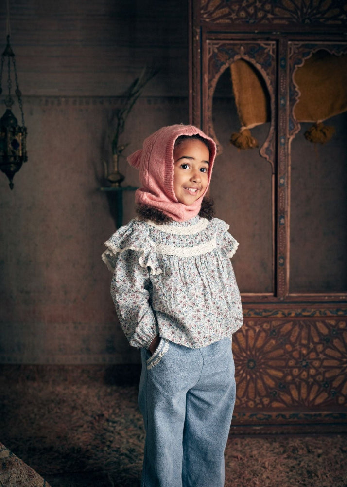 Pink merino wool hood for girls; versatile winter hat and scarf by Louise Misha