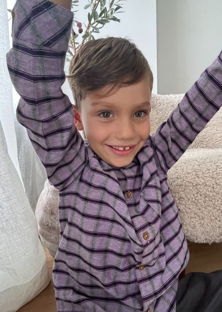 Boys purple check shirt Akir by Louise Misha – organic cotton, mandarin collar & coconut buttons | Milimilu