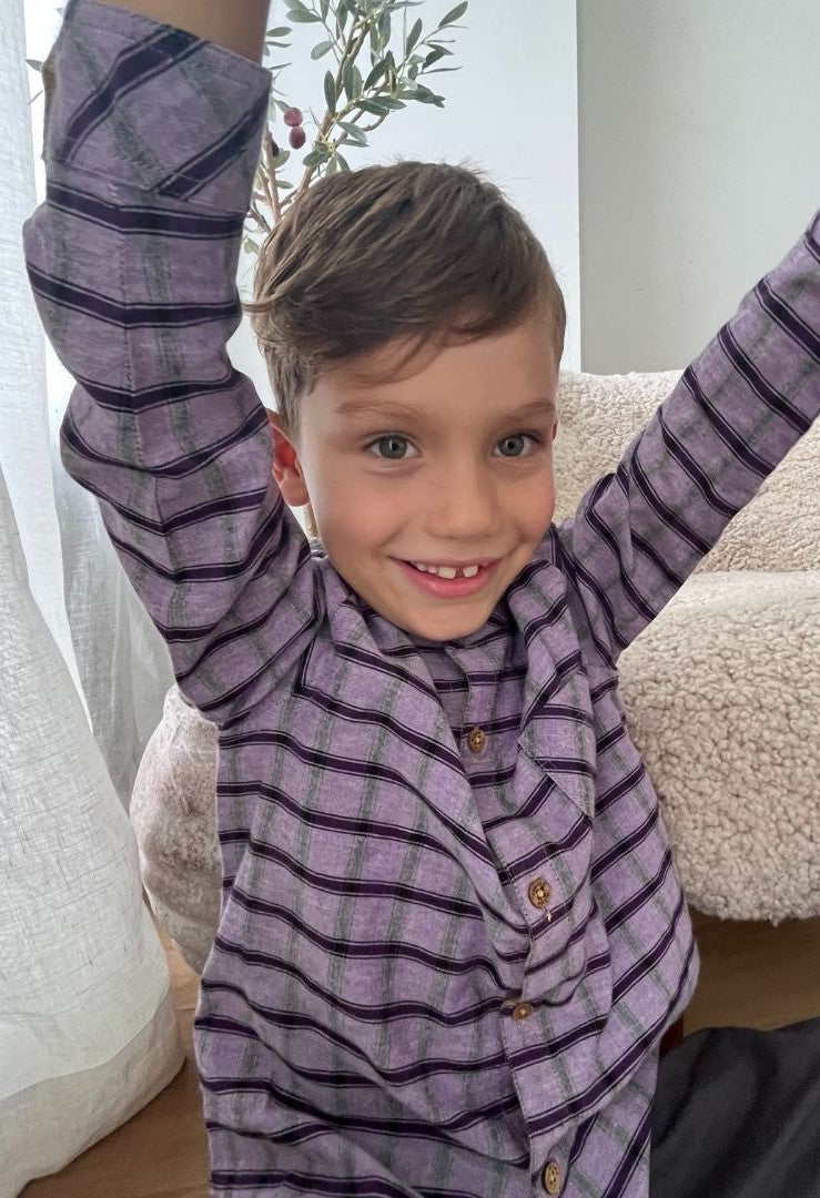 Organic cortton boys shirt combines classic elements with a modern twist through its purple check pattern by Louise Misha. Shop the best boys clothing online.