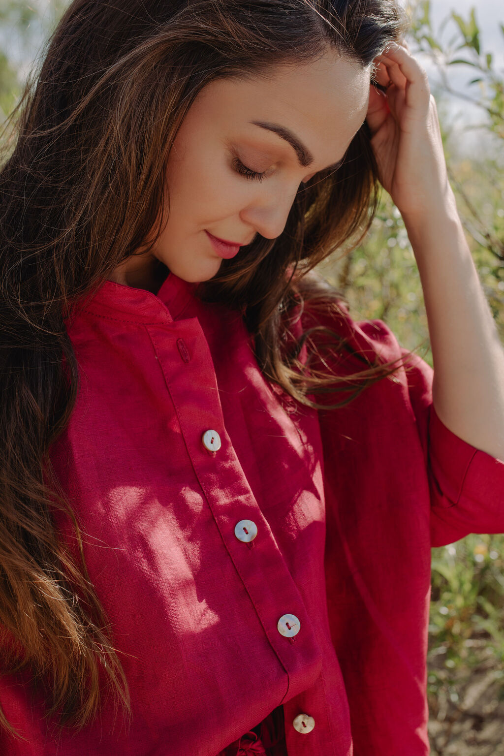 Shop women oversized linen shirt in Garnet red colour, this breathable linen shirt with linen shirts make the best women linen set in red colour.