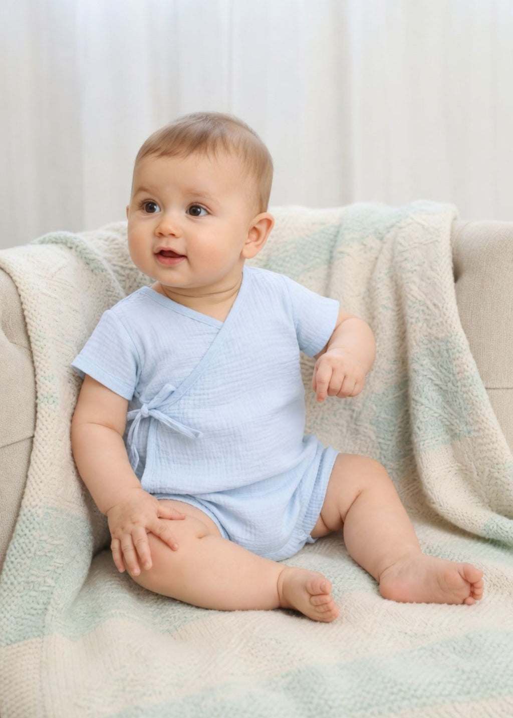 Close-up of wrap-front detail on light blue organic cotton muslin baby bodysuit – soft breathable newborn clothing