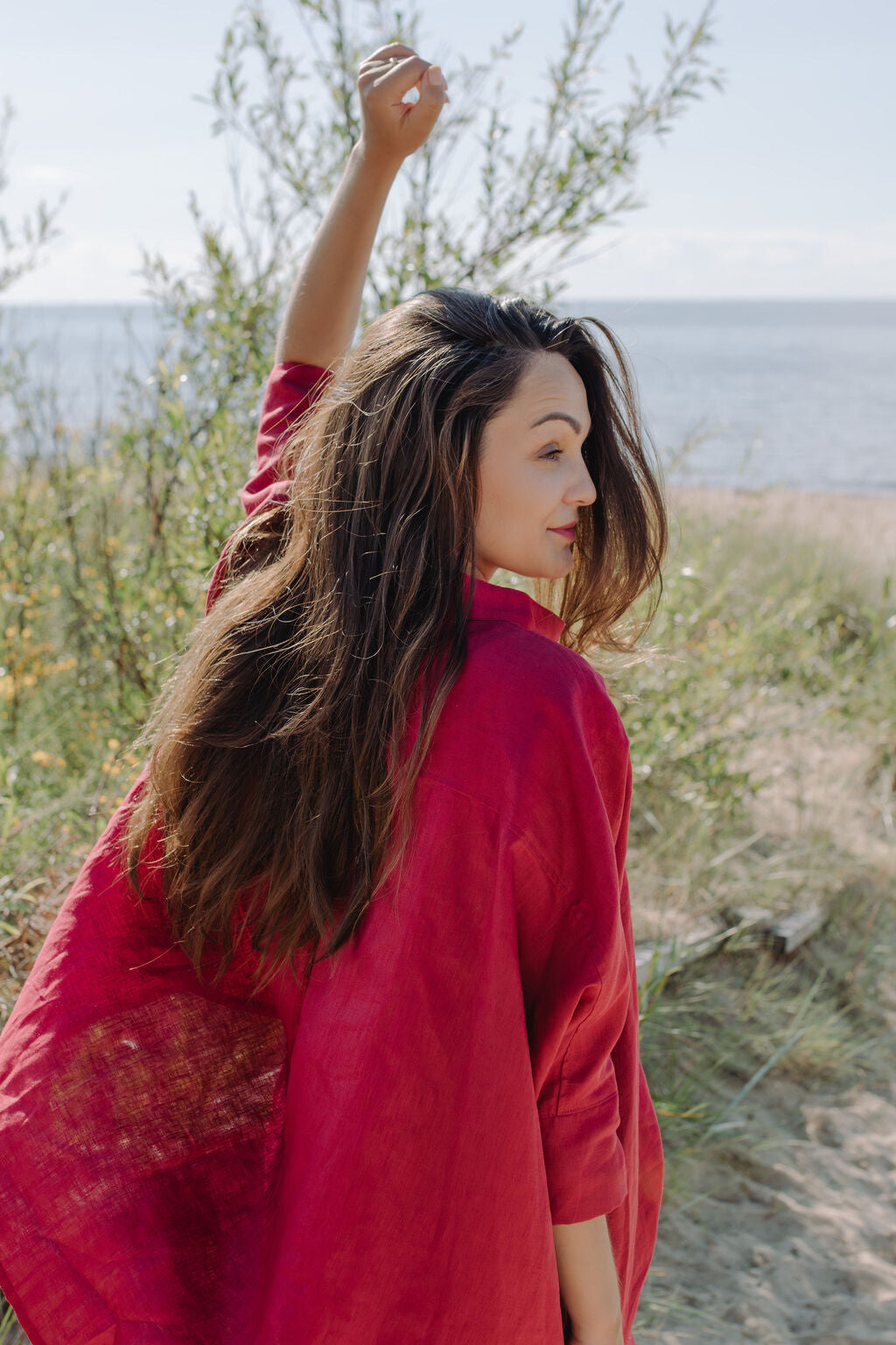 Shop women oversized linen shirt in Garnet red colour, this breathable linen shirt with linen shirts make the best women linen set in red colour.