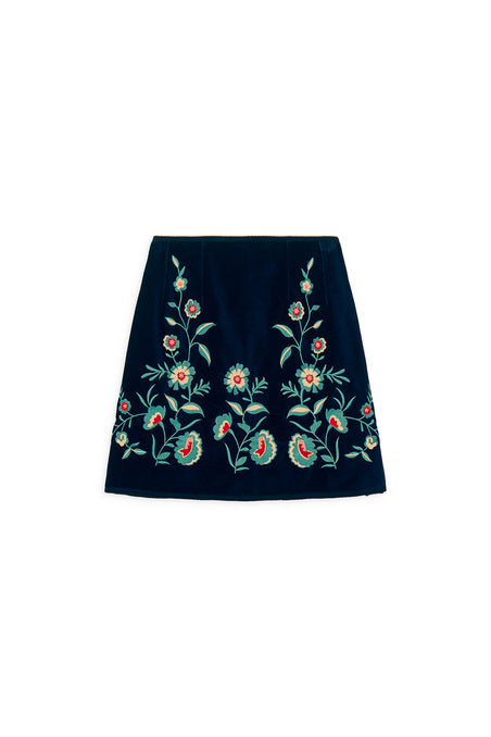 The high waisted skirt is an essential piece in every trendy womans sustainable fashion wardrobe, made with organic cotton in a midnight color, this skirt features a smooth velvet texture with beautiful embrodery on front.