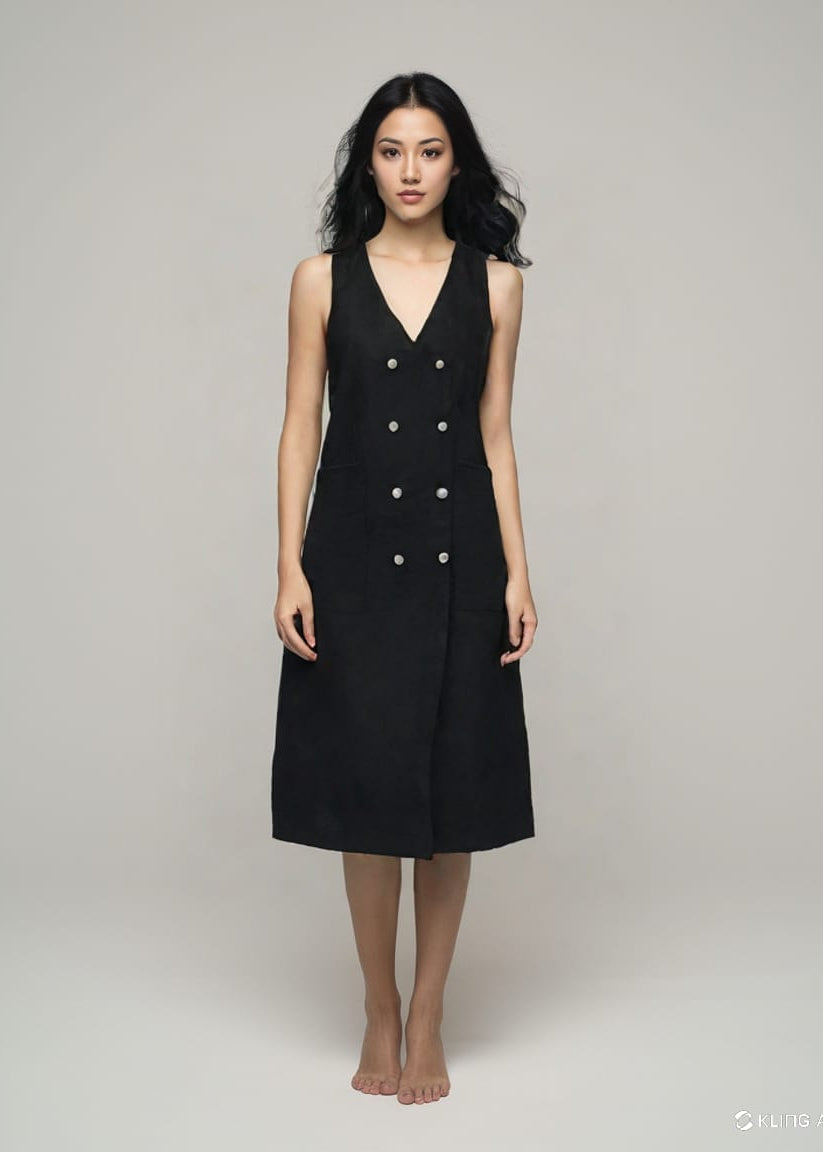 Black linen button down dress with open collar and side pockets, sustainable women's fashion