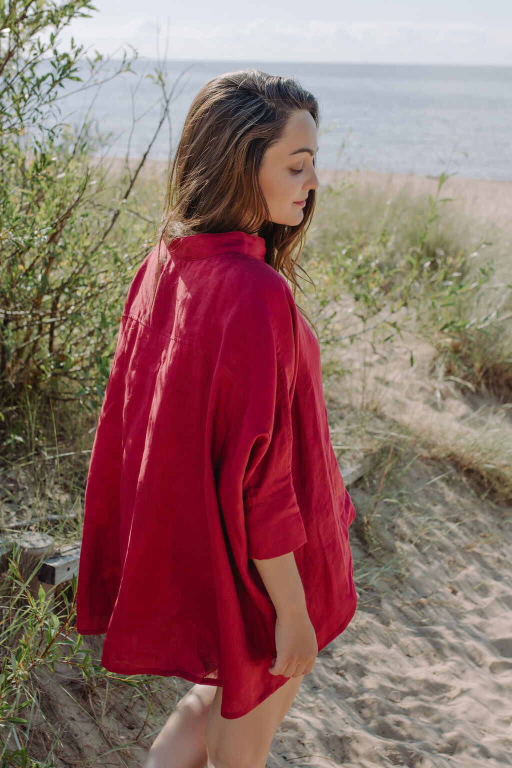 Shop women oversized linen shirt in Garnet red colour, this breathable linen shirt with linen shirts make the best women linen set in red colour.