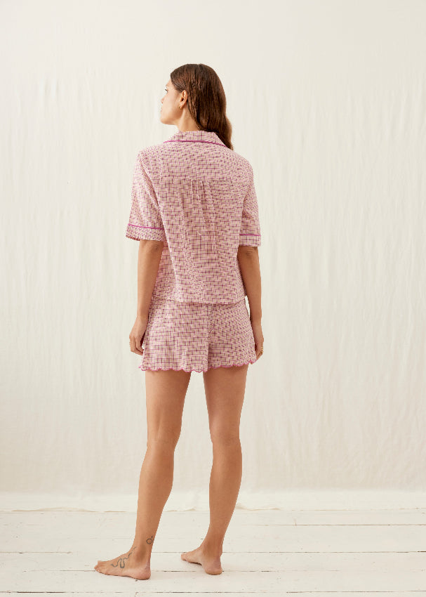 Women's fuchsia tartan pyjamas in organic cotton gauze — Louise Misha loungewear.