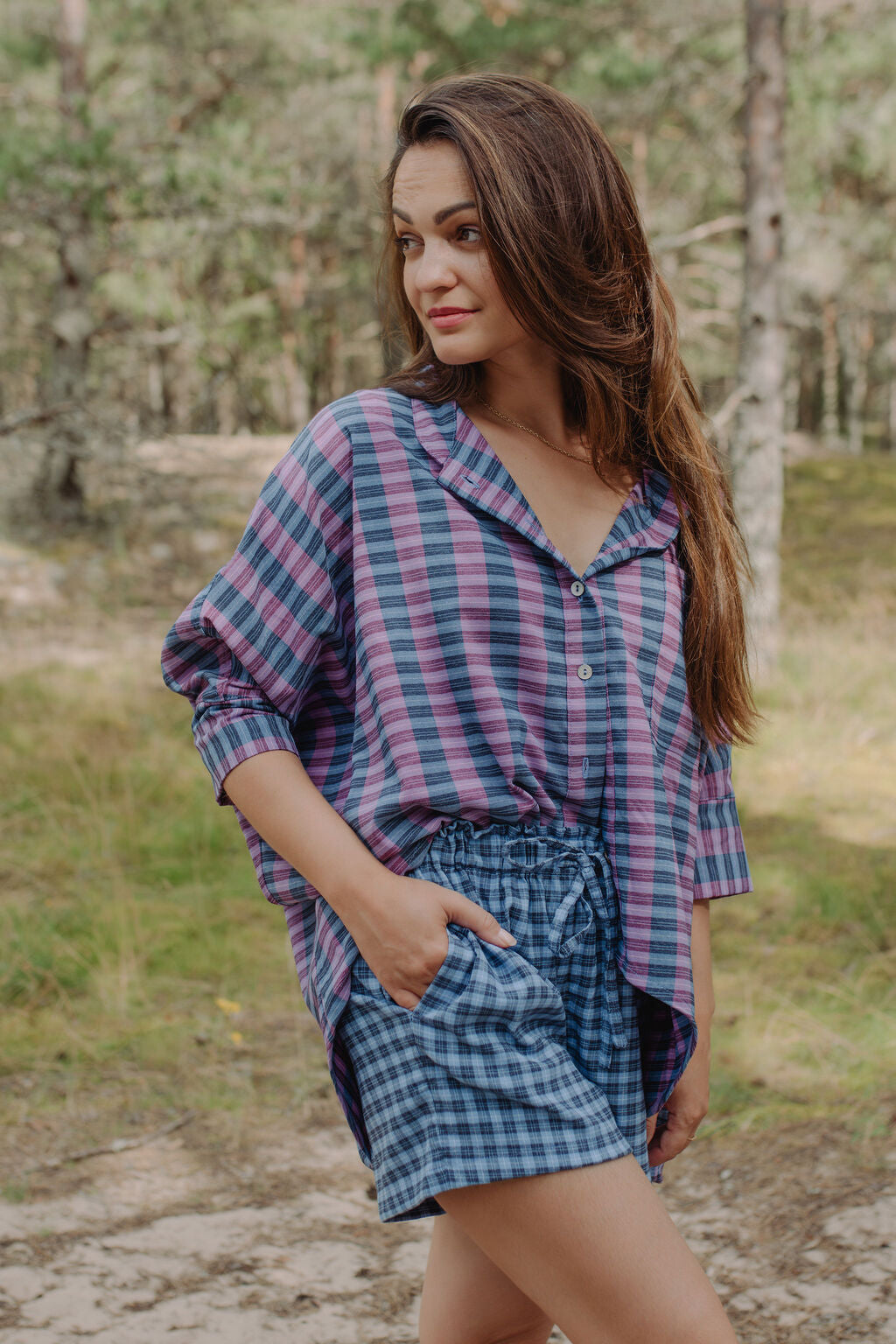 These  blue checked shorts are loose-fitted with a drawstring and easy to adjust. Match it with our women oversized shirt for the full look! Mommy and Me fashion is available for trendy girl sets and matching boys shirts for that special family time together. 