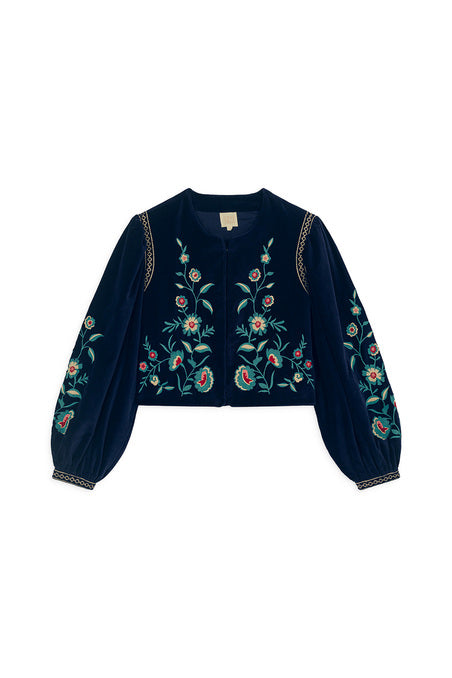 This short women jacket with puff sleeves is made with soft velvet organic cotton in midnight color. This women jacket has the most stunning embroidery on the puff sleeves and in front. The trendiest sustainable women fashion.