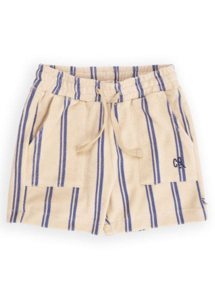 Kids shorts from organic terry towel light fabric from CarlijnQ are designed in a loose fit with two pockets and a drawstring. The best kids summer shorts.