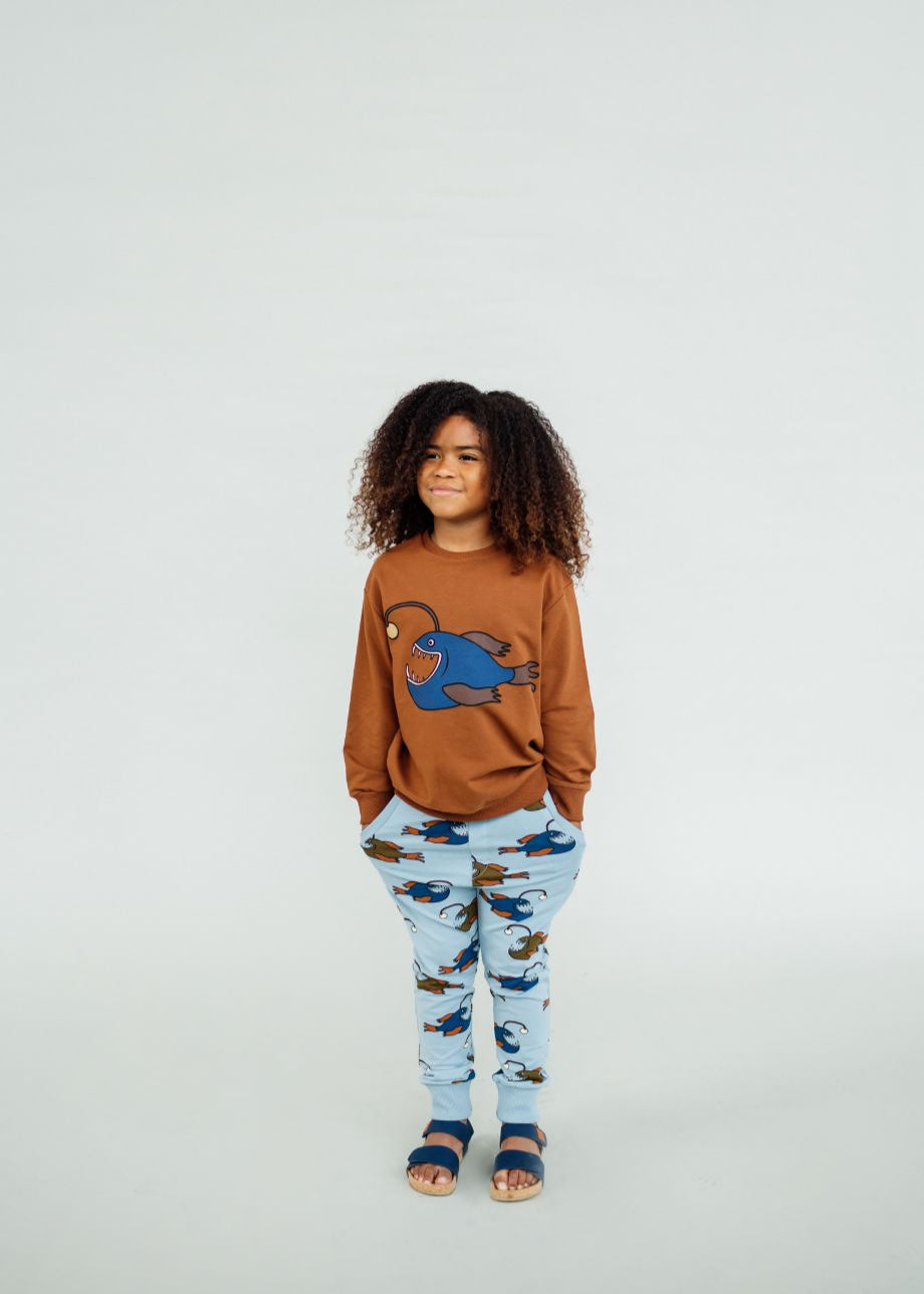 Anglerfish organic cotton joggers on child, comfortable fit perfect for active kids