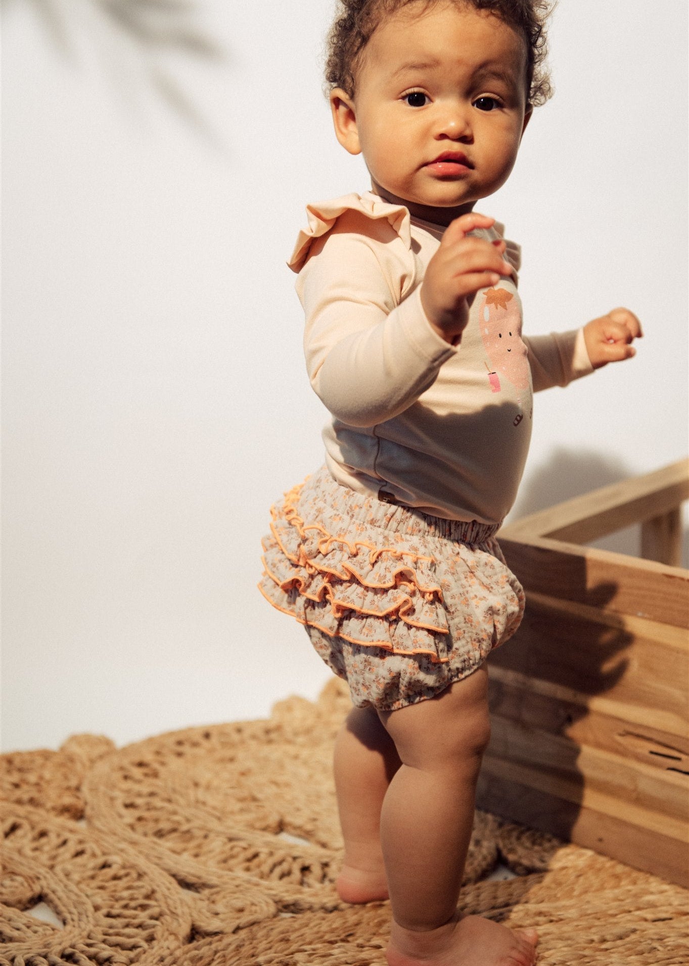 Adorable baby girl clothing,  floral print bloomers with ruffles, sustainable organic cotton baby outfit