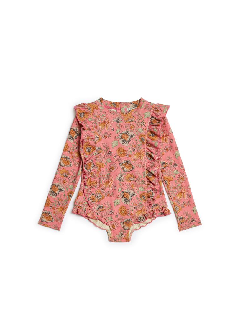 Pink recycled swimsuit is made from an SPF 50 protective fabric covering the entire upper body by Louise Misha. Stylish girls swimsuit with sun protection.