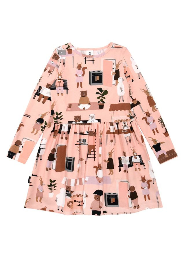 Hebe girls' organic cotton pink dress with city print and long sleeves — breathable & stylish kids fashion | MiliMilu